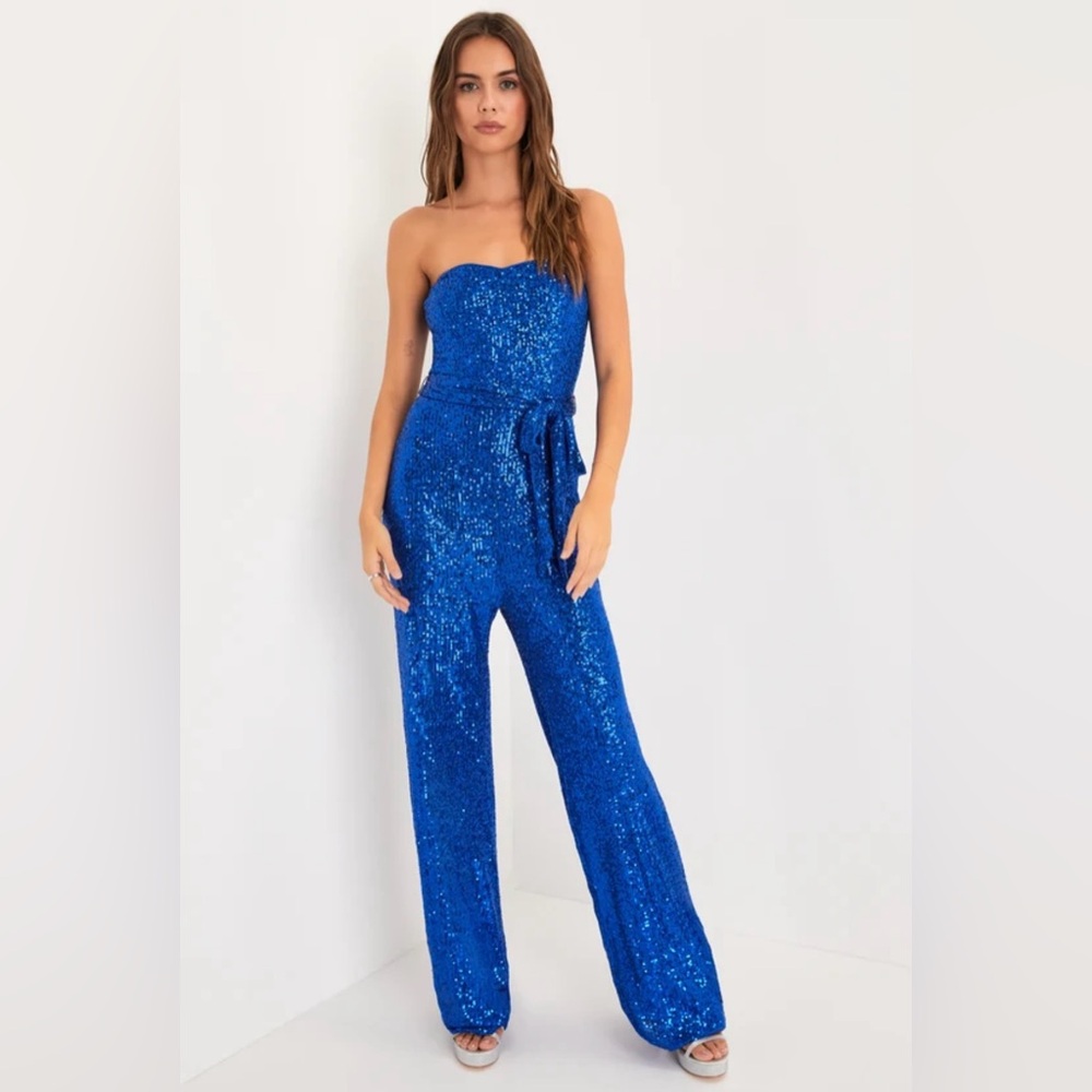 Lulus Flirty Moves Royal Blue Sequin Strapless Wide-Leg Jumpsuit